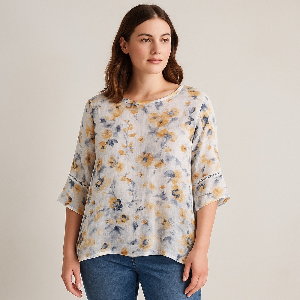 Pure Jill Linen Floral Top XL Blue Yellow Sheer Boxy Blouse Lightweight Boho